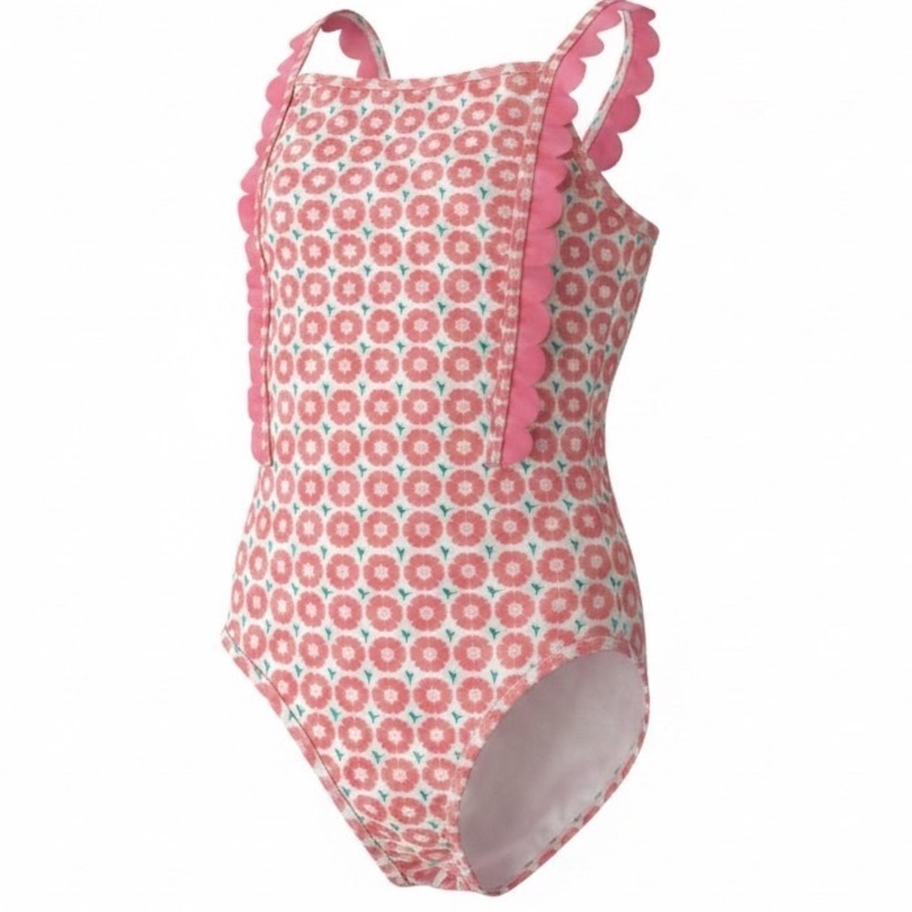 Tommy Bahama Girls Pink Floral Scalloped Ruffle One Piece Swimsuit Size 8